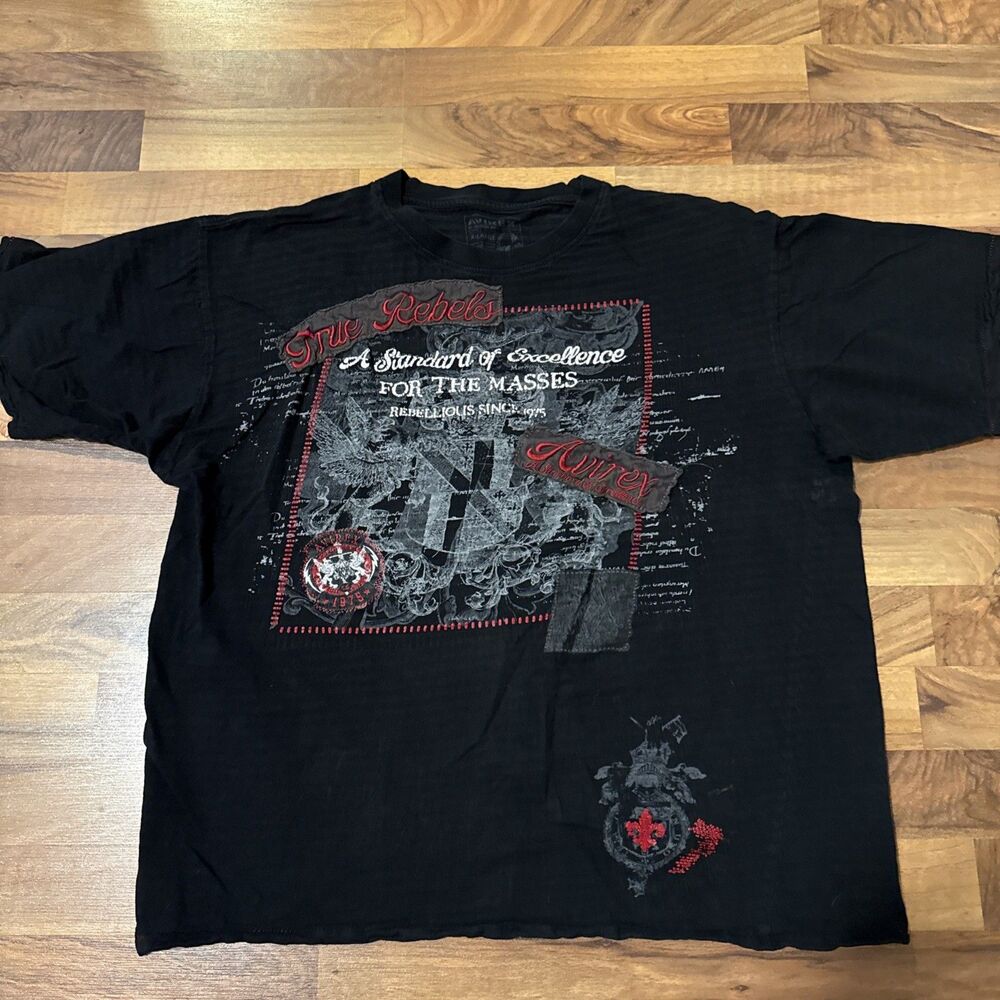 Black Avirex Rebellious Graphic Red Stitched T Shirt Size XL